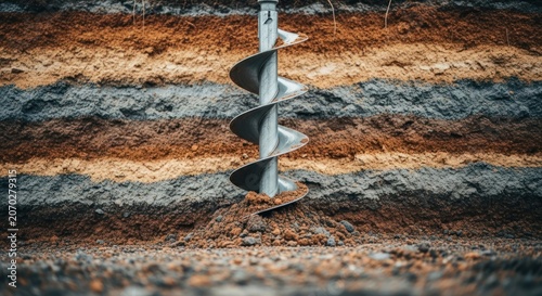 Auger drilling into layered soil strata for geological survey.