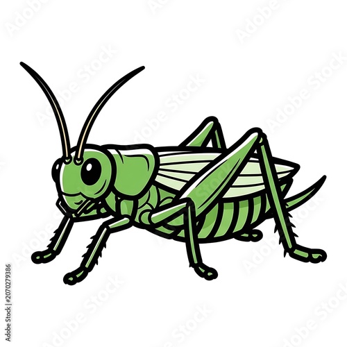 Cartoon grasshopper with green body and glasses.