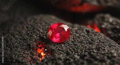 A Fiery Red Ruby Gemstone Resting on Dark, Textured Material with Glowing Embers.