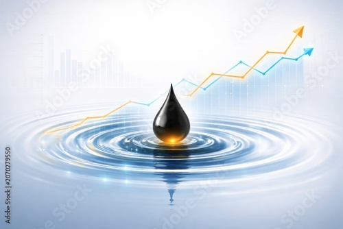 Oil impact on economy depicted with droplet and rising graph, crisis theme