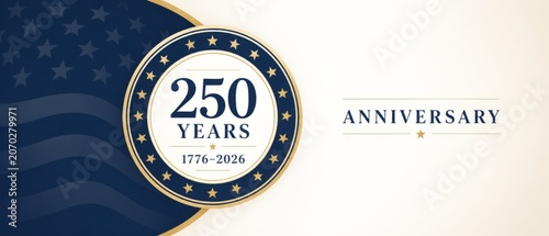USA independence 250th anniversary sale banner with navy star field, gold circular emblem, 250 years 1776-2026 text, cream copy space, patriotic background for promotion, advertising, social media