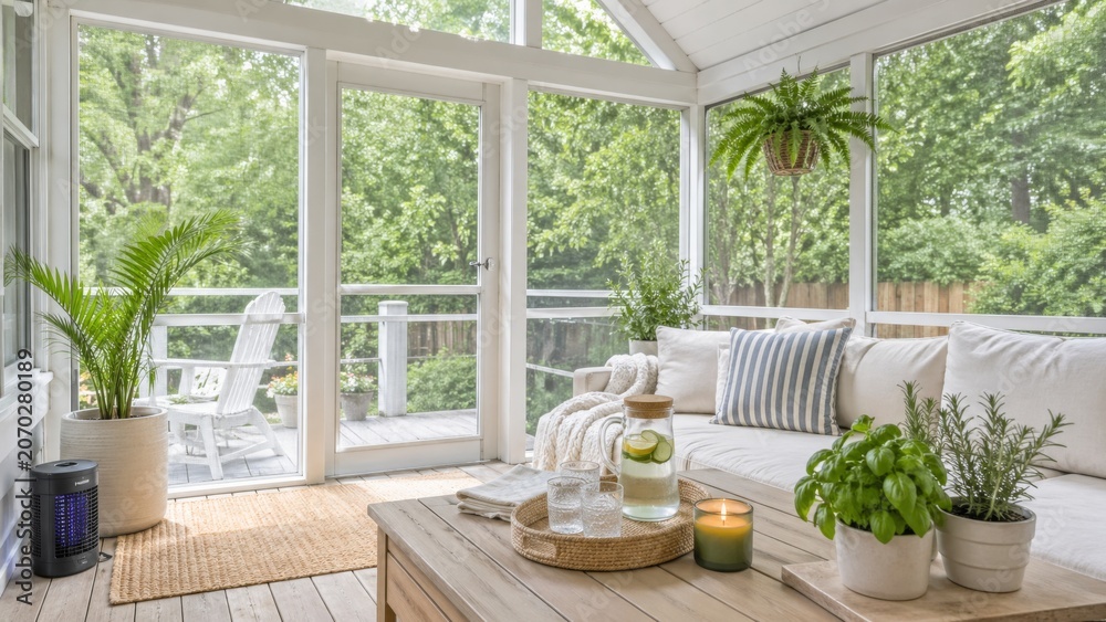 Fototapeta premium Bright sunroom interior with cozy seating, plants, and pest control device, ideal for summer