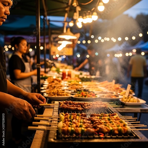 Street Market Skewers Grill at Night.