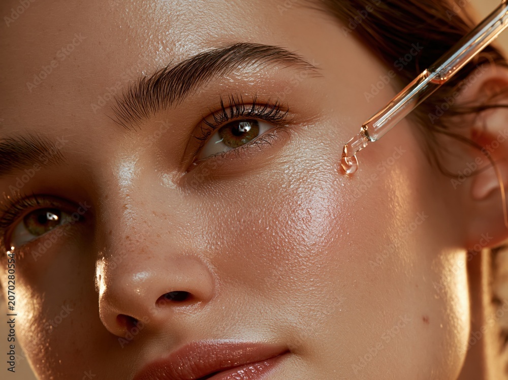 Fototapeta premium Close-up of a woman's face receiving a droplet of golden serum from a glass dropper for skincare and beauty treatments.