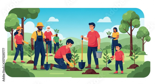 Schilderij op canvas Diverse group of people planting trees