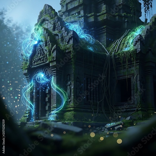 Glowing Fantasy Temple Surrounded by Neon Energy.