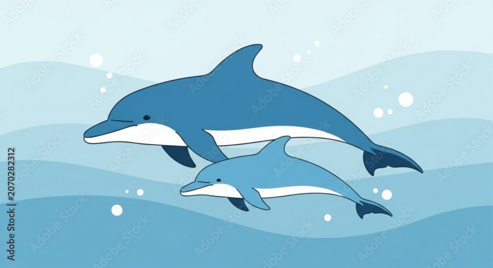 Fototapeta premium Two dolphins swim together in ocean waves