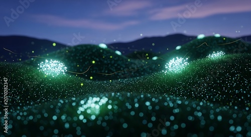 Glowing Field of Digital Dots Over Teal Hills at Twilight.