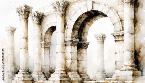 Elegant watercolor illustration of ancient stone arches and columns in sepia tones