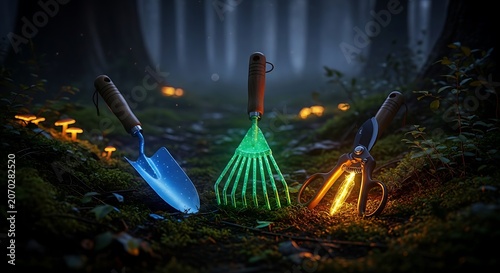 Glowing Forest Tools In Mystic Night Clearing.