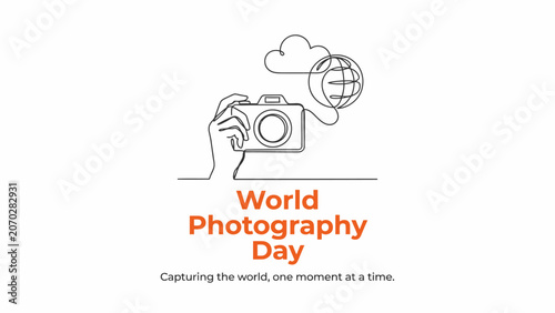 World Photography Day celebration with camera and globe icon on white background