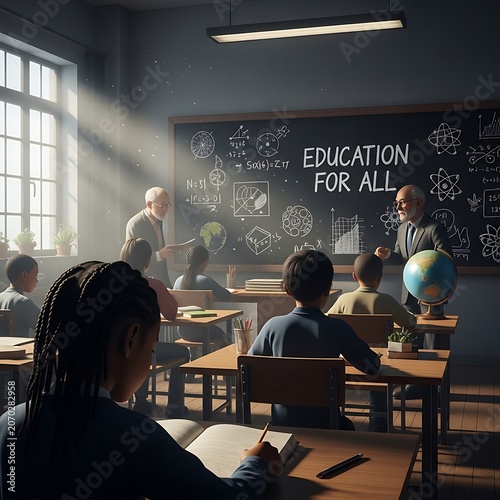 Bright Classroom Scene With Students And A Chalkboard Message.