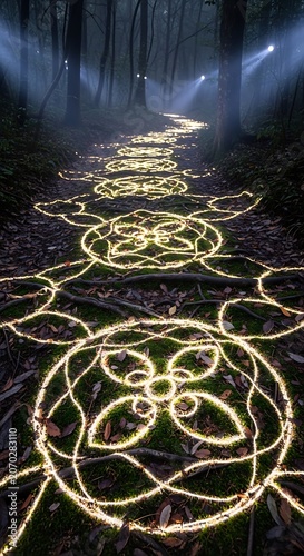 Glowing Geometric Circles Illuminate Forest Floor At Night.