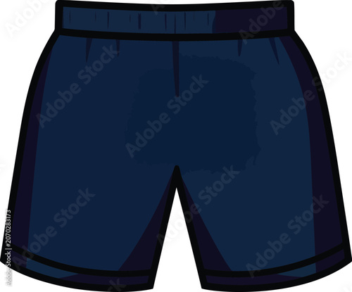 Deep navy blue athletic shorts, a sleek flat vector cartoon illustration, embodying active sport and comfort for