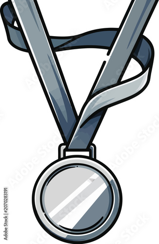 Delightful flat vector cartoon winner's medal featuring a glossy silver finish and elegant flowing blue-gray