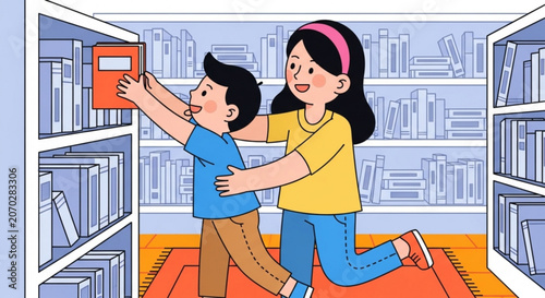 Children in library picking book from shelf together