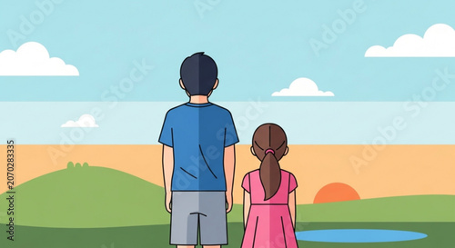 Man and girl looking at sunset on green hill