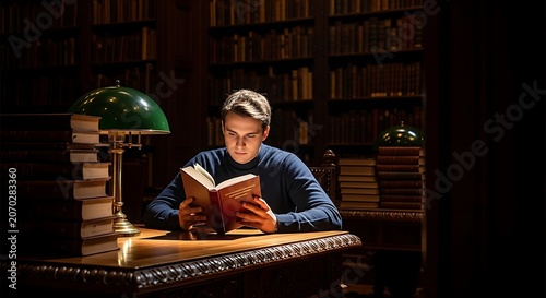 Studious Reader in Warm Library Lantern Light.