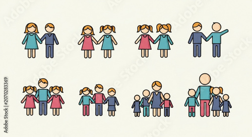 Diverse family structures and relationships in colorful illustrations