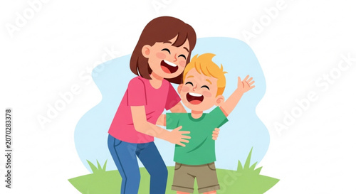 Mother and son laughing together outdoors