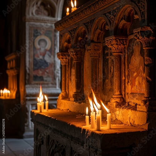 Dimly Lit Church Altar with Candles and Icons.