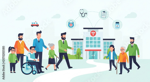People of various ages walking towards a medical facility with healthcare symbols