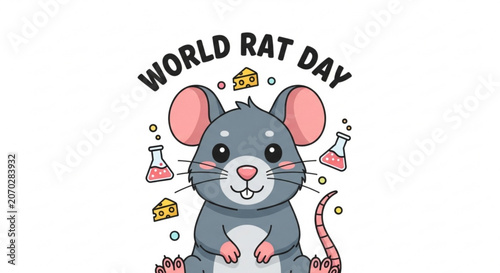 Cute cartoon rat surrounded by cheese and beakers on world rat day