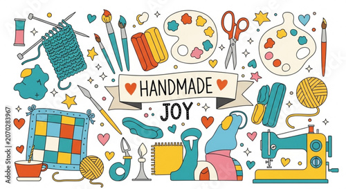 Handmade crafts and art supplies with 'handmade joy' banner