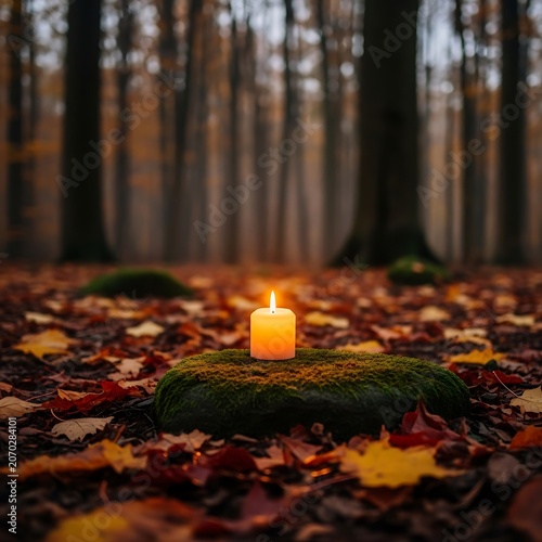 Warm Candle In Forest At Dusk Among Autumn Leaves.
