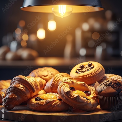 Warm bakery pastries under hanging lamp golden croissants.