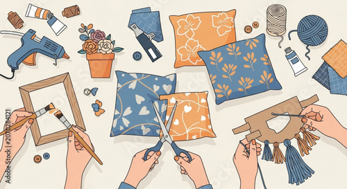 Hands engaged in various diy crafting activities with tools