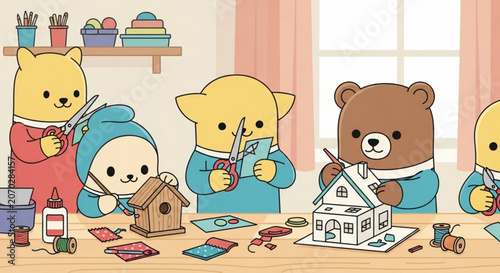 Cute cartoon bears and seal crafting at a table