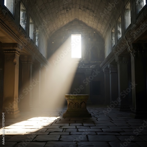 Sunbeam Through Ancient Cathedral Interior at Dawn.