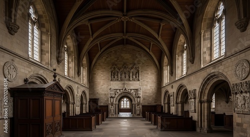 Historic church interior with vaulted arches and pews.