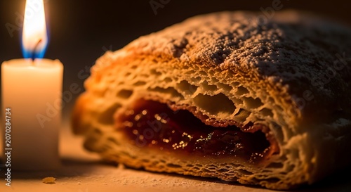 Warm Candlelit Jam Filled Pastry Close Up.