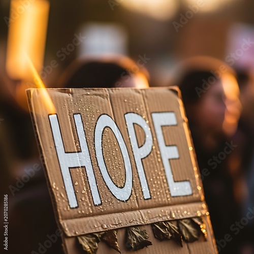 Hope Sign at Crowd Rally with Warm Lighting.