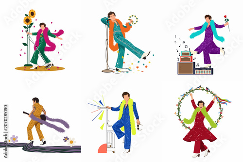 Quadro su tela Collection of six colorful minimalist illustrations of a male pop star in flamboyant stage costumes with feather boas and musical instruments