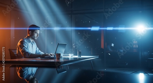 Technologist Working at Night With Laptop and Neon Lasers.