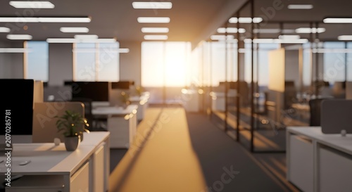 Bright Modern Office Interior with Sunlit Desks and Glass Cubicles.