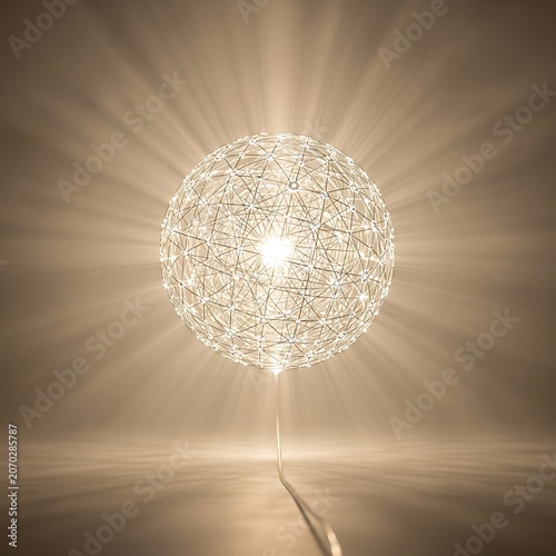 Glowing spherical light sculpture fills a dim room with radiant beams.