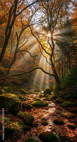 Sunbeams Through Autumn Forest with Moss and Stream.