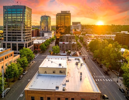 Vibrant Urban Skyline Glowing at Sunset Over Downtown Streets