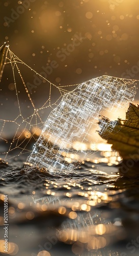 Glowing shattered globe with digital web over water at dusk.