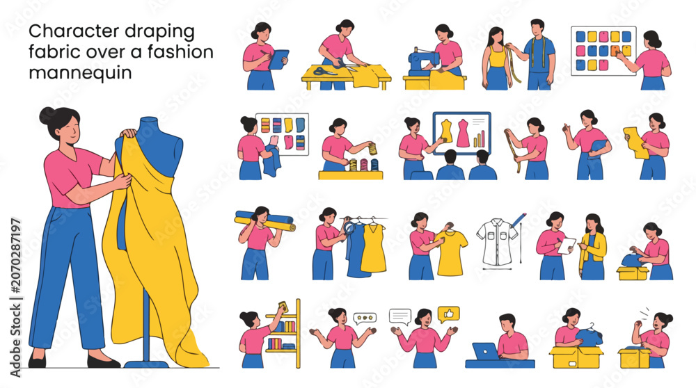 Fototapeta premium Fashion designer character draping fabric over a mannequin, professional seamstress and tailor icons set, dressmaking workshop vector illustrations