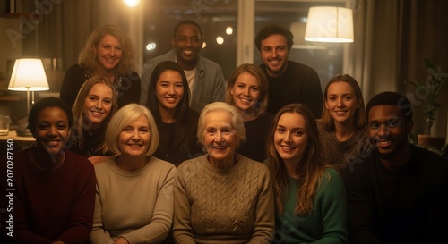 Warm Group Portrait of Friends and Family Gathering.