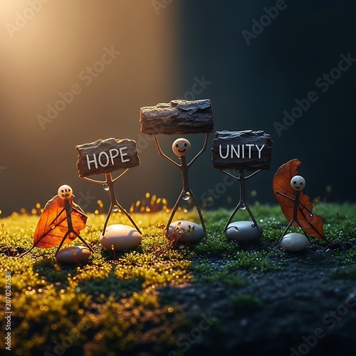 Tiny figurines hold hope and unity signs in warm garden dusk scene.