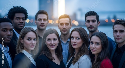 Diverse Business Team Portrait Outdoors at Dusk in Urban Cityscape.