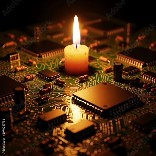 Illuminated Candle On Circuit Board Scene.