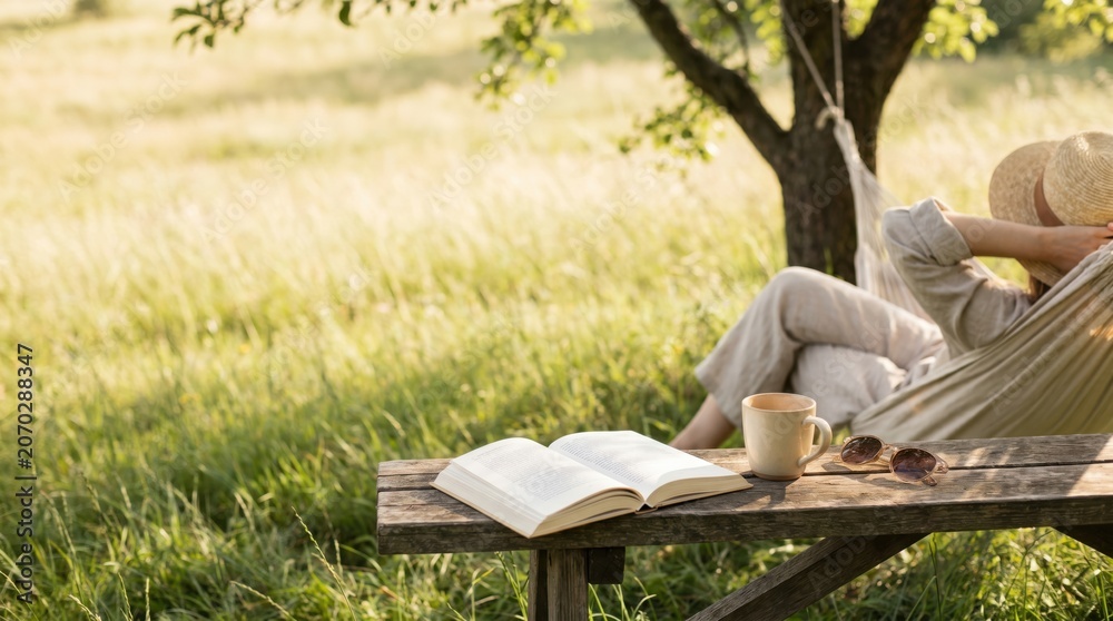 Fototapeta premium Young woman relaxing in a hammock in a sunny meadow with a book and coffee, concept of slow living, mindfulness, and summer leisure time in nature