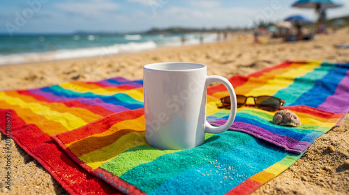 mockup de una taza blanca sobre una toalla de playa con rayas de arcoíris, Fotografía de producto.